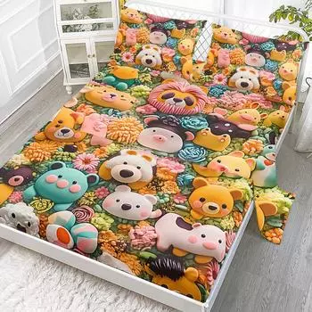Four-Piece Set Of Animal-Themed Playdough, A Whimsical World Of Animals, Including 1 Bed Sheet, 1 Duvet Cover, And 2 Pillowcases 99cmx199cm