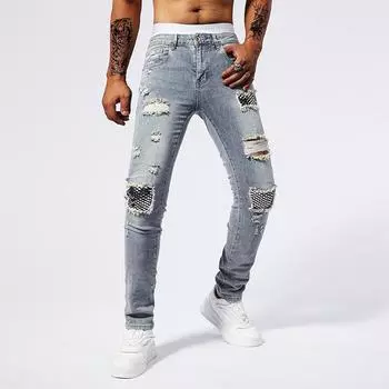 Four-season Cotton Bullet Embroidery Ripped Print Fashionable Men s Jeans 29