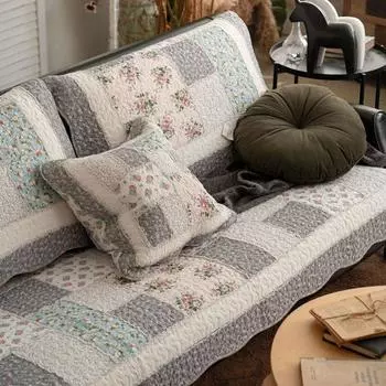 Four Seasons Cotton Pastoral Block Sofa Cushion Fabric Three-Person Combination Non-Slip Fresh Sofa Cover Towel Machine Washable Gray(Patchwork Lillian Grey) 70 * 70cm