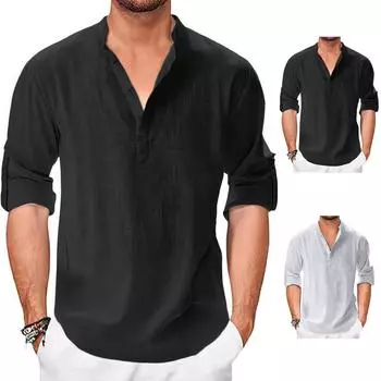 Four Seasons Длинный рукав Свободный кардиган на пуговицах из хлопка и пеньки Рубашка мужская XXXL чёрный