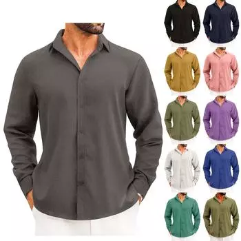 Four Seasons Длинный рукав V-образный вырез свободная рубашка Весенние пуговицы однотонный хлопок пенька морской кардиган рубашка мужская XXXXXL жёлтый