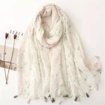 Four Seasons Fresh Plain Bali Yarn Cotton And Hemp Texture Scarf Womens White Small Aromat Flower Printed Tassel Silk Scarf Shall 180*90
