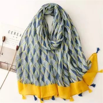 Маленький свежий шарф из хлопка и льна в японском стиле Four Seasons, шелковый шарф, зашифрованная балийская марля, дорожная шаль с синими листьями 180*90