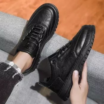 Four seasons lace-up casual small black shoes men s low-top leather Martin shoes retro thick-soled trendy outdoor tooling shoes 39