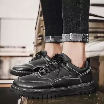 Four seasons lace-up casual small black shoes men s low-top leather Martin shoes retro thick-soled trendy outdoor tooling shoes 39