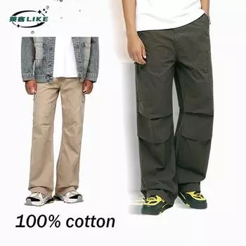 Four Seasons Men S Wear | Retro Street Loose Work Pants Men S And Women S Maillard Paratrooper Design Sense Straight Pants Casual Pants XS серый