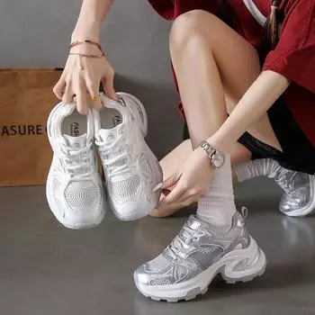 Four seasons new girls mesh breathable fashion thick sole heightening casual lace-up Internet celebrity dad shoes 35