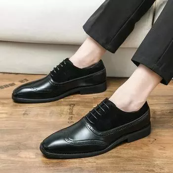 Four Seasons New Men s Low-top Splicing Leather Shoes Men s Business Dress Casual Retro Large Size Brock Leather Shoes 38