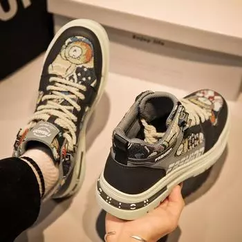 Four Seasons Niche Canvas Splicing Leather Panel Shoes Retro Hong Kong Style Violent Bear Martin Boots Douyin Live Tooling Shoes 39 чёрный