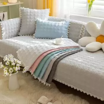 Four Seasons Seat Ma 3D Non-Slip Checkered Quilting Sofa Towel Soft Couch Covers Towel t white Lace Hem Universal Warm Cloth 70*70cm