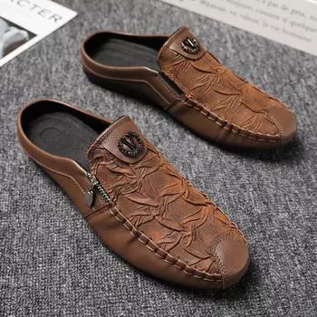 Four Seasons Single Shoes Retro Zipper Casual Leather Shoes Men Shoes One Pedal Lazy Shoes Soft Sole Driving Shoes Doudou Shoes Men 39 чёрный