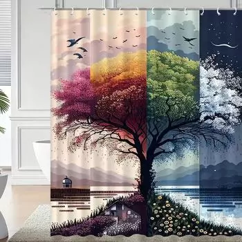 Four Seasons Tree Waterproof Mildew-Resistant Shower Curtain - Artistic Design for a Nature-Inspired Bathroom Dcor Experience W90XH180cm