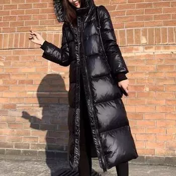 Fovotee зимняя куртка женские парки с капюшоном длинная куртка-пуховик 2023 черная уличная верхняя одежда повседневные утепленные элегантные пальто L чёрный
