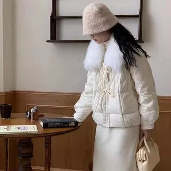 Fox Big Fur Collar White Duck Down Jacket Women s 2025 Winter New Fashion Sweet Rhombus Bow Jacket Tide S