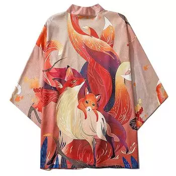 Fox Cherry Blossom Японский длинный полупраздничный японский длинный открытый воротник Один размер подходит большинству [Dudode] Кимоно, Стиль, Хантен, Хантен, Хакатен, Пальто,