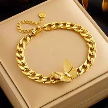 Foxanry браслет из нержавеющей стали 316L с геометрическим узором и бабочкой для женщин, креативные ювелирные изделия в стиле панк, хип-хоп, подарки на юбилей 18cm золотой