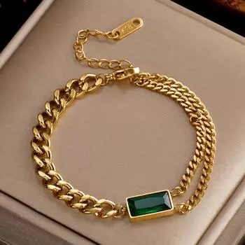 Foxanry браслет из нержавеющей стали 316L с зеленым цирконом для женщин, винтажные креативные украшения на день рождения, аксессуары, подарки 18cm золотой