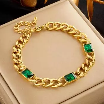 Foxanry браслет из нержавеющей стали 316L с зеленым цирконом для женщин, винтажный простой индивидуальный вечерние ювелирные изделия, аксессуары, подарки 18cm золотой