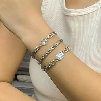 Foxanry Циркон 3 шт. Браслет Ювелирные наборы для женщин Модные милые романтические минималистичные ювелирные изделия на годовщину, подарки 18cm серебряный