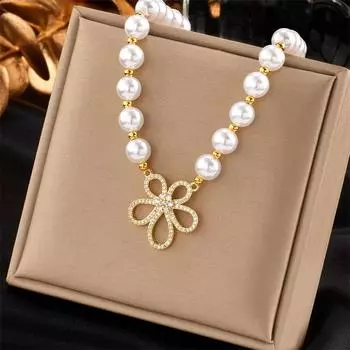 Foxanry нержавеющая сталь 316L маленькое ожерелье с цветочными бусинами для женщин Ретро жемчужные ожерелья ручной работы для девочек ювелирные изделия в подарок 50CM золотой