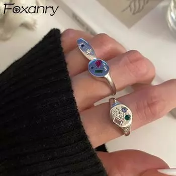 FOXANRY Новые модные элегантные винтажные кольца для женщин и девочек, простые геометрические красочные циркониевые вечерние ювелирные изделия, подарки 17mm серебряный
