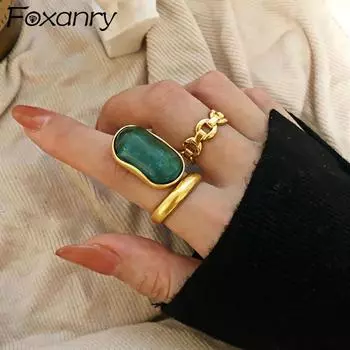 Foxanry обручальные кольца золотого цвета для женщин, новая мода, креативный дизайн, зеленый камень, Франция, винтажные вечерние украшения для невесты as Shown золотой