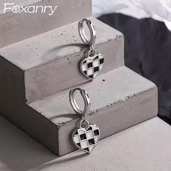 FOXANRY Серьги серебряного цвета для предотвращения аллергии для женщин, модные креативные серьги с каплевидной глазурью, черно-белые клетчатые вечерние ювелирные изделия, подарки