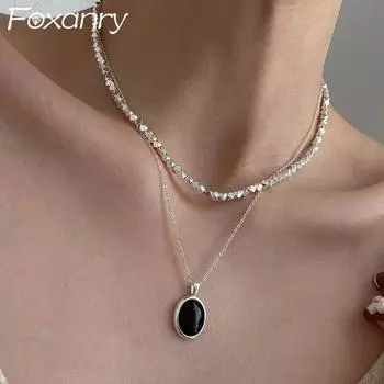 Foxanry серебряное ожерелье с черными цирконами, элегантные украшения для женщин, модная простая цепочка на ключицы, аксессуары для дня рождения 17mm серебряный