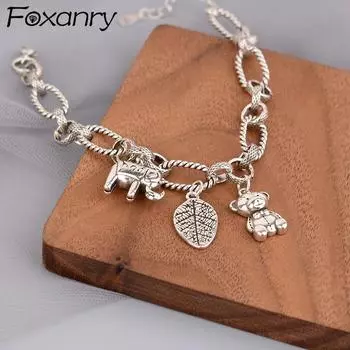FOXANRY Stamp толстые браслеты-цепочки для женщин, модные хип-хоп, винтажный кулон с медведем, тайские серебряные украшения, оптовая продажа 18cm серебряный