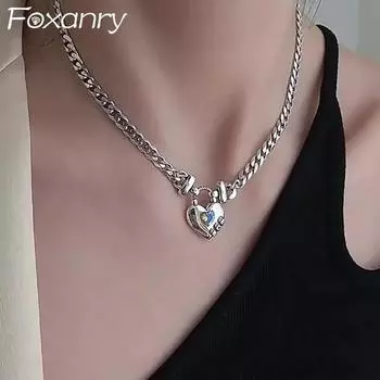 FOXANRY Stamp вечерние ожерелье для женщин модный элегантный свитер с сердечком и цирконом ожерелье свадебные украшения для невесты 21cm-50cm серебряный