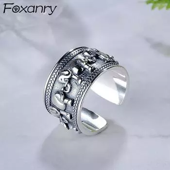 Foxanry Stamp винтажные открытые кольца с изображением слона, тайские серебряные украшения для женщин, подарок, старые модные регулируемые кольца 17mm серебряный