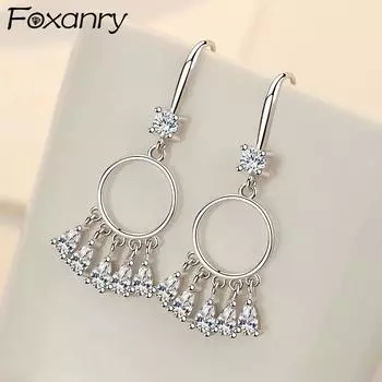 Foxanry сверкающие циркониевые серьги с кисточками серебряного цвета для женщин, пары, геометрические серьги ручной работы, классические вечерние ювелирные изделия, подарки