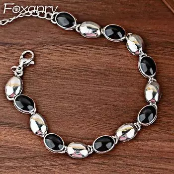 Foxanry винтажные браслеты-цепочки ручной работы для женщин, новые модные классические черные глазурованные браслеты с геометрическим узором для свадебной вечеринки, ювелирные изделия, подарки 18cm серебряный