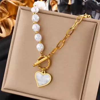 Foxanry жемчужное ожерелье из нержавеющей стали 316L для женщин, модный кулон в виде сердца с любовью, ювелирные изделия на день рождения, аксессуары, подарки 50cm золотой