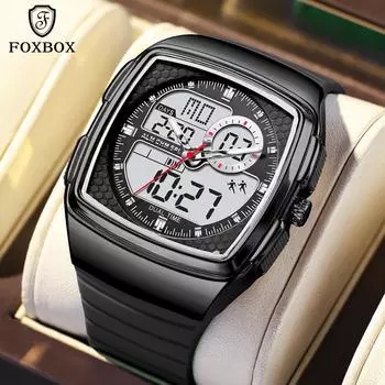 FOXBOX 2025 Новые мужские часы Лучший бренд с двойным дисплеем Цифровые часы Светящиеся водонепроницаемые спортивные мужские цифровые часы чёрный/золотой