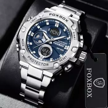 FOXBOX Деловые мужские часы, роскошные светодиодные цифровые водонепроницаемые кварцевые наручные часы с двойным временем, светящиеся из нержавеющей стали синий/серебряный