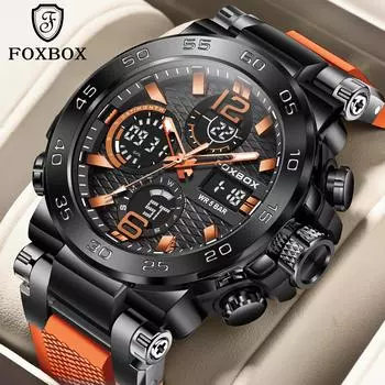 FOXBOX Лучший бренд мужские часы цифровые военные наручные часы светящиеся водонепроницаемые мужские кварцевые часы чёрный