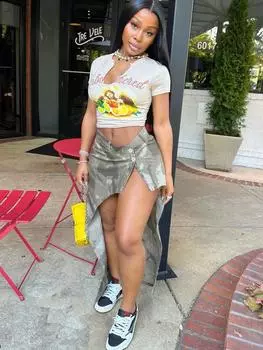 Fqlwl Модная женская футболка с U-образным вырезом и короткими рукавами с принтом L