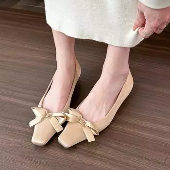 Fragrant nai almonds! Square head bow light mouth single shoes women s spring low heel thick heel flats 2024 35 имбирный