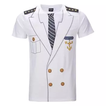 Фрак Печать Футболка Мужская Уличная Смешная Косплей Футболки с Коротким Рукавом Поддельный Галстук Одежда Капитана Модный Тренд Топ S