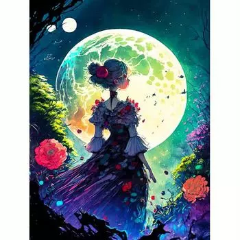 Frame 5D Diamond Painting Moon Girl Full Round Diamond Embroidery Cross Stitch Diamond Mosaic Portrait Handicraft Wall Art 30x40cm/12x16inch 30x40cm NO Frame