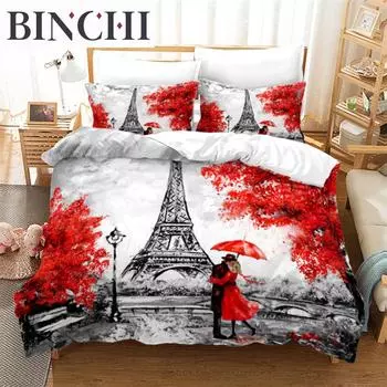 France Eiffel Tower Duvet Cover Romantic Couple Comforter Cover Microfiber France Paris Cityscape Bedding Set For Adults Decor EU single(135x200cm)