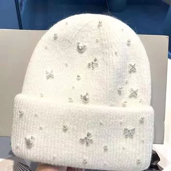Franch Роскошные шапки из меха кролика Hinestone Beads Модные корейские шапки для женщин зимняя мода утолщенные теплые M56-58cm
