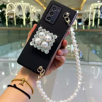 Franch Style Conque для Samsung Galaxy Z Fold 4 3 2 5g Bling Diamond Rhinestone Stand Holder Чехол с жемчужной цепочкой на руку For Galaxy Z Fold 2 чёрный