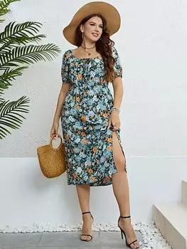 Франция элегантное тонкое платье больших размеров с квадратным вырезом женское винтажное платье с натуральным коротким рукавом и принтом платья женская летняя шикарная одежда с эластичной резинкой на талии XL синий