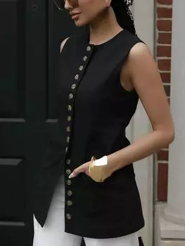 Франция Элегантная однотонная верхняя одежда на пуговицах Y2k Женские летние сексуальные повседневные топы без рукавов Женская мода Ретро с круглым вырезом Карманы Офисная женская одежда S чёрный