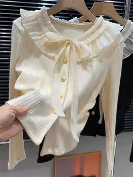 Франция Элегантная рубашка с длинными рукавами для женщин Милый бант Оборка Пуловер для вечеринки Осень Зима Модный дизайн Sense Bottoming Tops S абрикосовый
