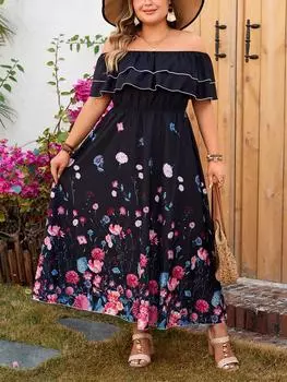 Франция Элегантное платье большого размера с вырезом лодочкой Женский дизайн Повседневная воланом с эластичной резинкой на талии Длинные платья Женская мода Тонкий принт с открытыми плечами Одежда XL чёрный