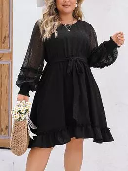 Франция Элегантное платье с длинным рукавом с круглым вырезом Женская мода Винтаж на шнуровке Свободные платья с воланами Женский дизайнер Шикарная однотонная одежда больших размеров Леди XL чёрный