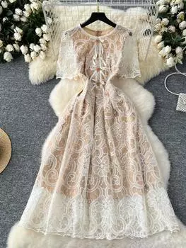 Франция Элегантное выпускное цельное платье женское модное вечернее облегающее кружевное принцессное длинное платье женская летняя шикарная одежда 2024 S абрикосовый